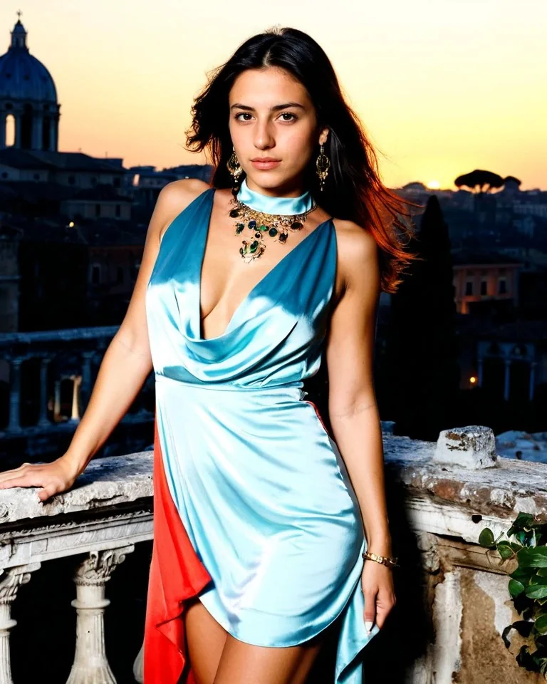 Illustrated adult woman in a blue dress against an evening city skyline